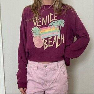 Wildfox Women's XS Venice Beach Pullover Cropped Sweatshirt Oversized Plum